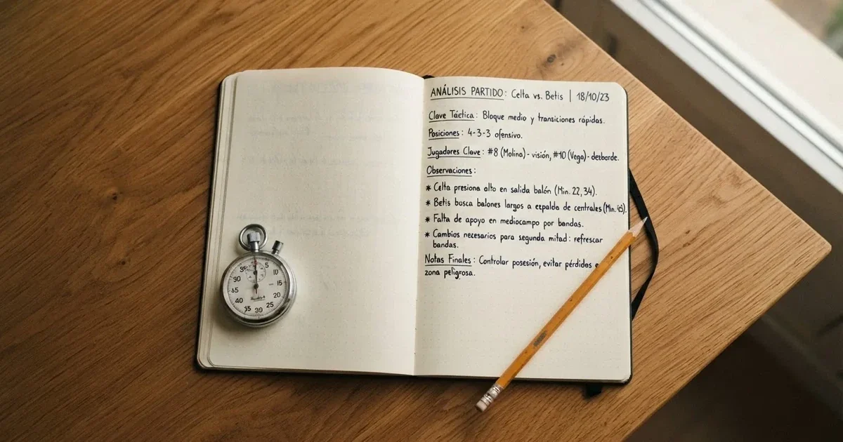 Un cuaderno abierto con un lápiz y un cronómetro sobre una mesa de madera