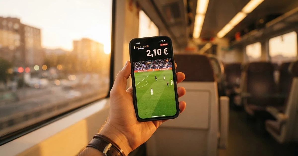 Una mano sostiene un móvil en el tren por la tarde, con la pantalla girada