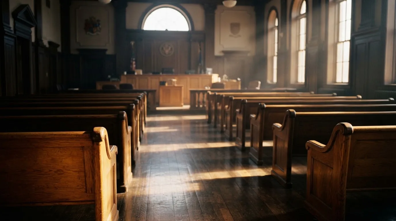 Una sala de tribunal vacía con bancos de madera a la luz de la mañana