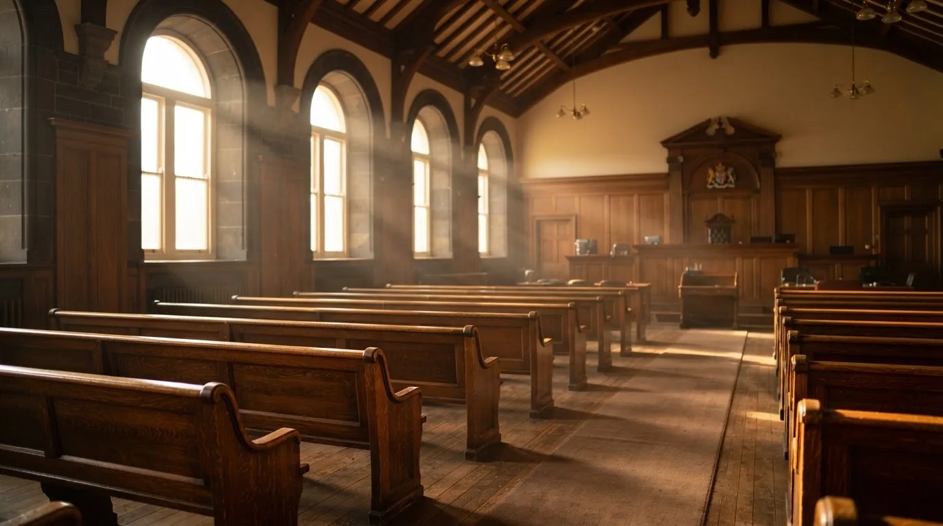 Una sala de tribunal vacía con bancos de madera a la luz de la mañana