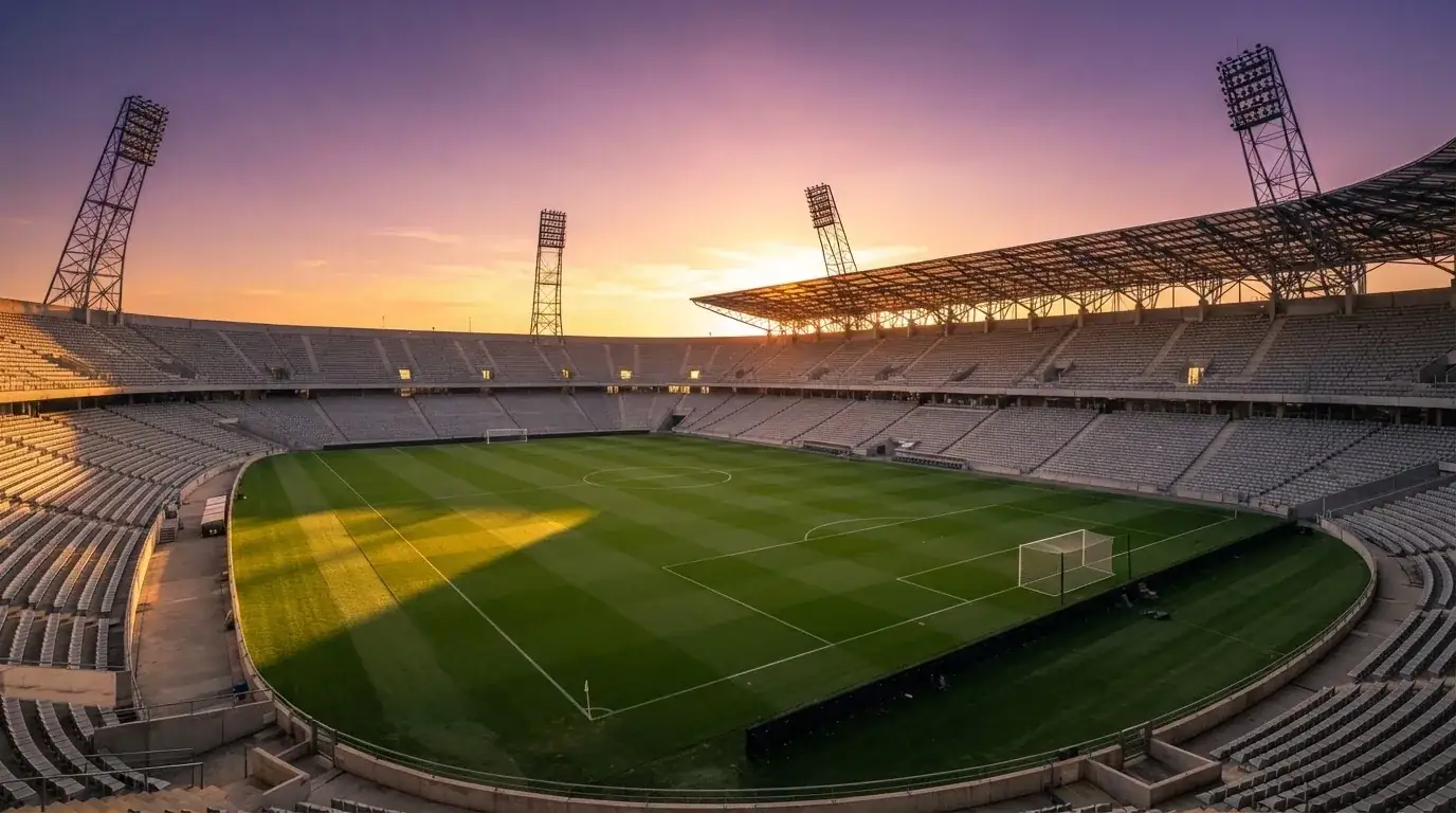Un estadio de fútbol vacío con torres de iluminación al atardecer