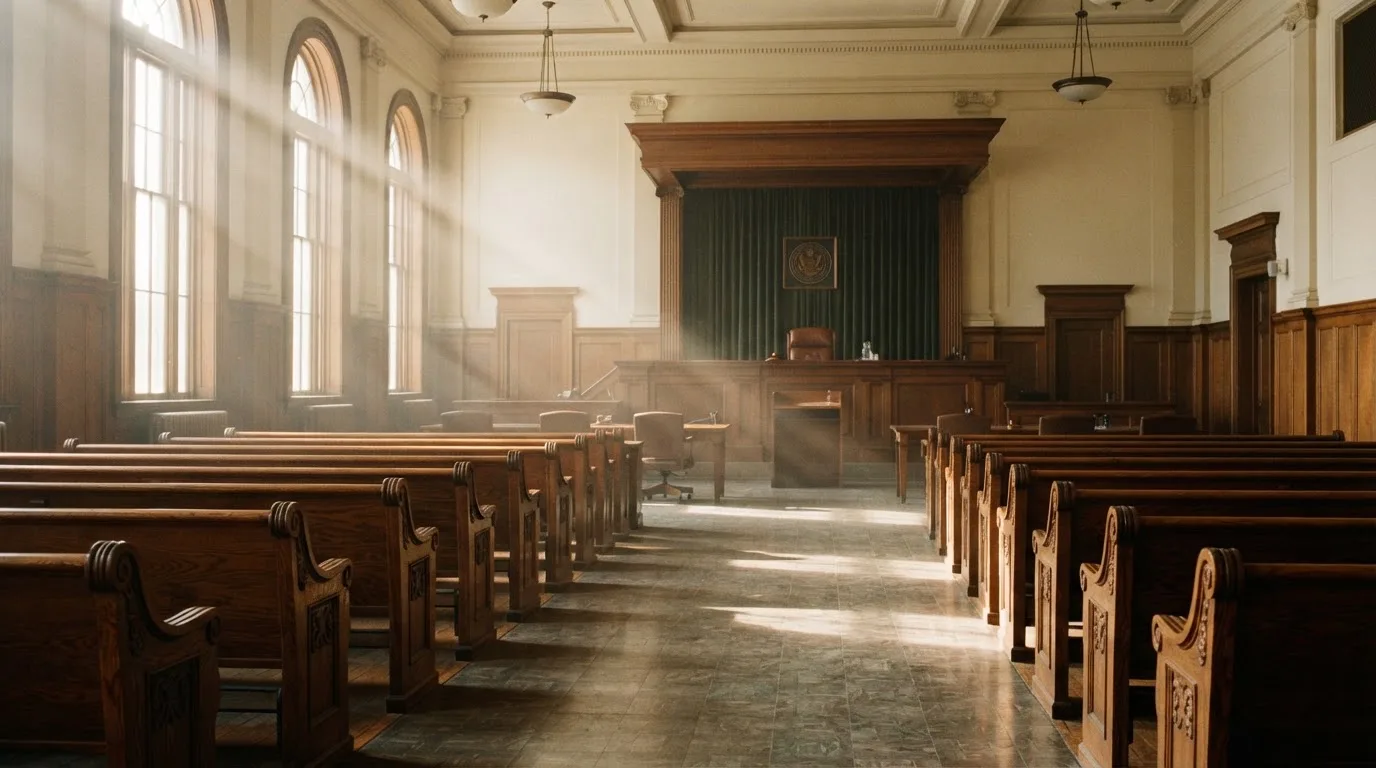 Una sala de tribunal vacía con bancos de madera a la luz de la mañana