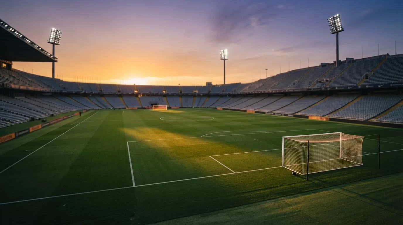 Un estadio de fútbol vacío con torres de iluminación al atardecer