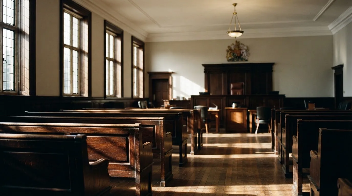 Una sala de tribunal vacía con bancos de madera a la luz de la mañana