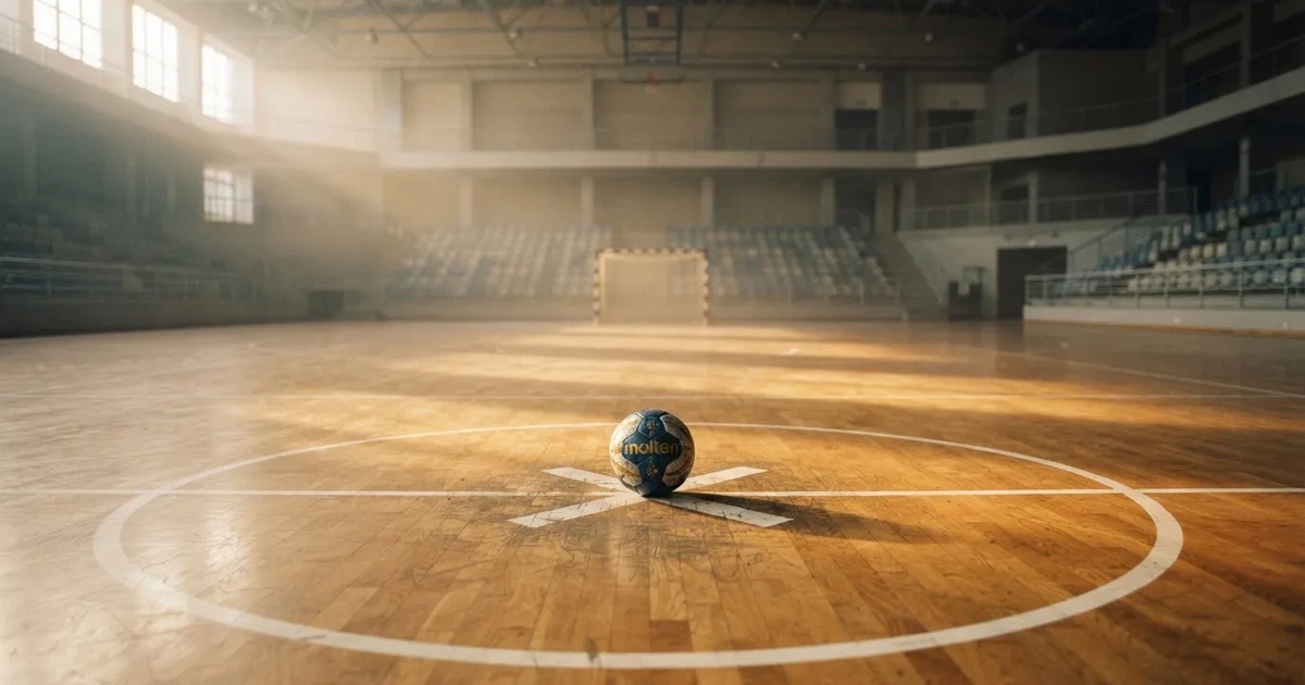 Un balón en el punto central de un campo de césped a la luz de la mañana