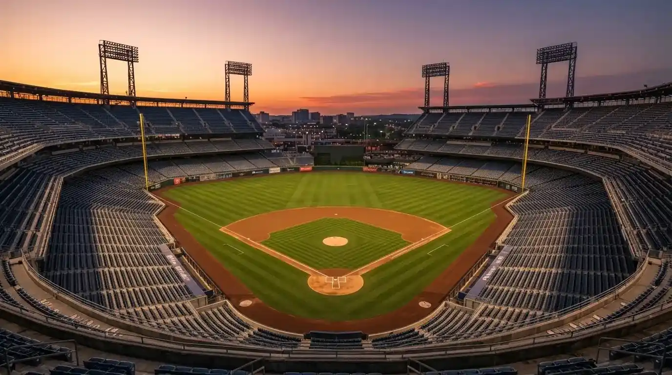 Un estadio de fútbol vacío con torres de iluminación al atardecer