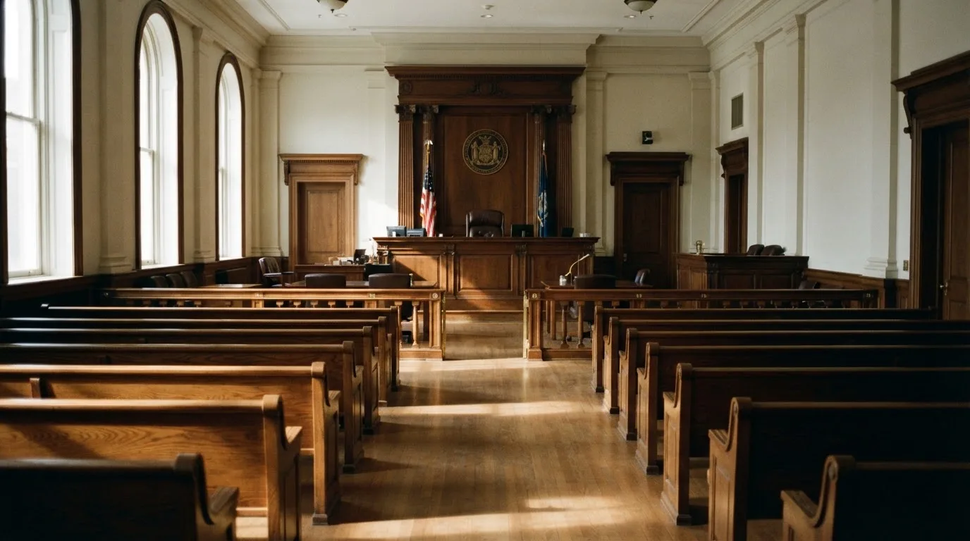 Una sala de tribunal vacía con bancos de madera a la luz de la mañana