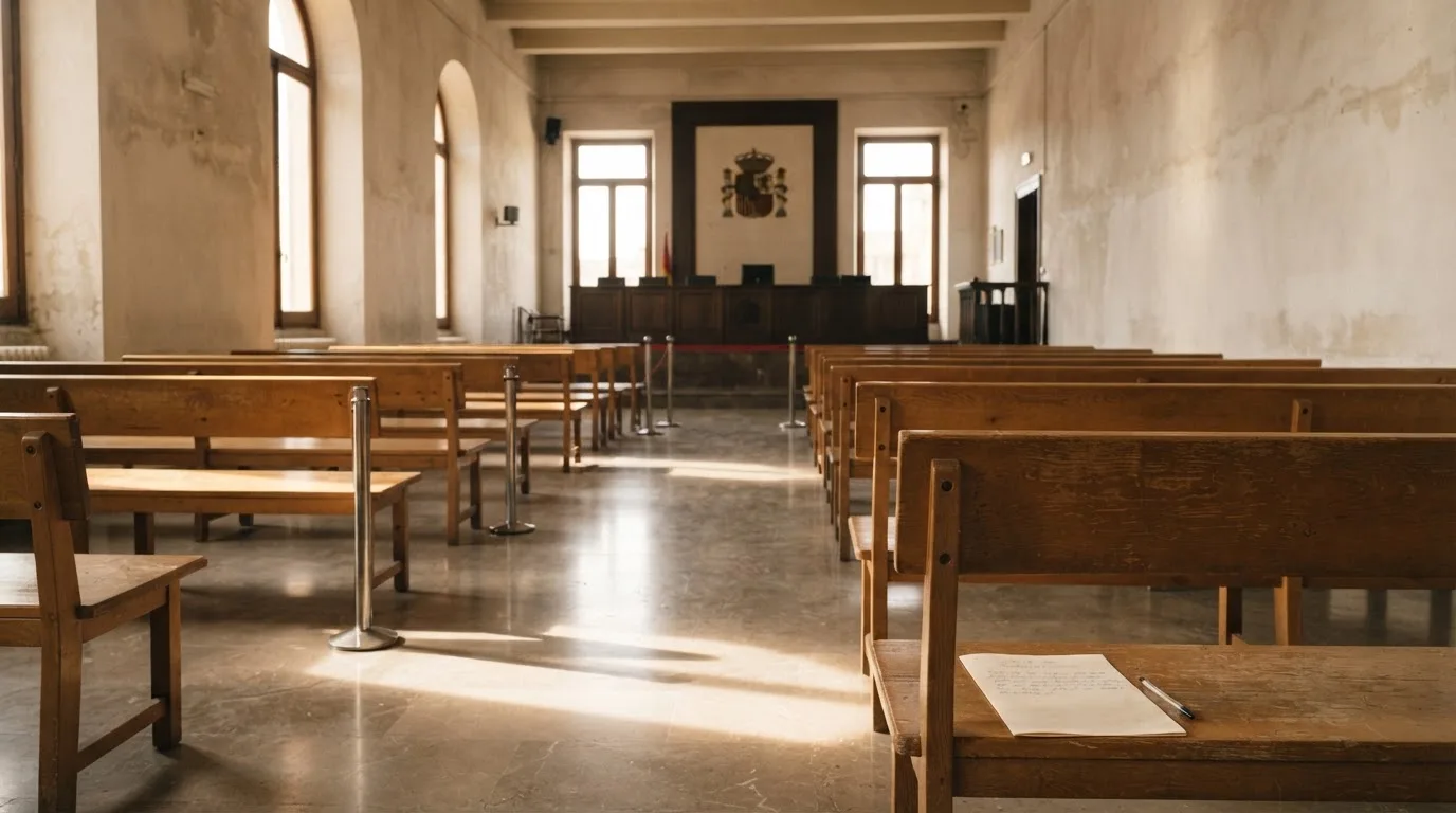Una sala de tribunal vacía con bancos de madera a la luz de la mañana