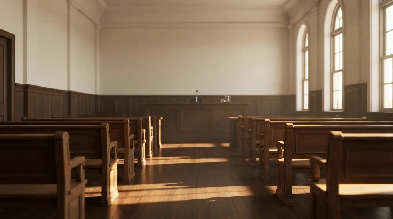 Una sala de tribunal vacía con bancos de madera a la luz de la mañana