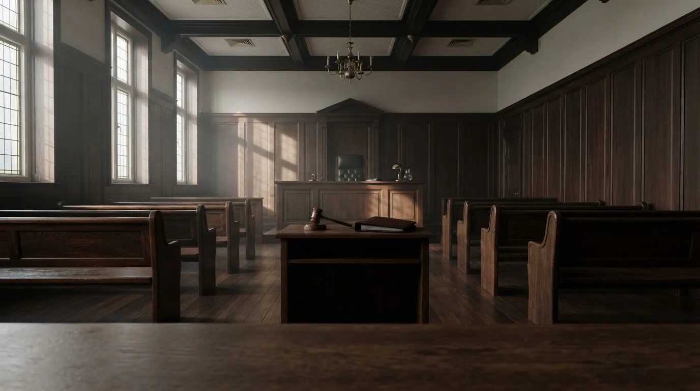 Una sala de tribunal vacía con bancos de madera a la luz de la mañana