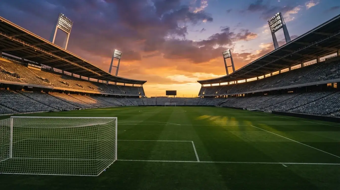 Un estadio de fútbol vacío con torres de iluminación al atardecer