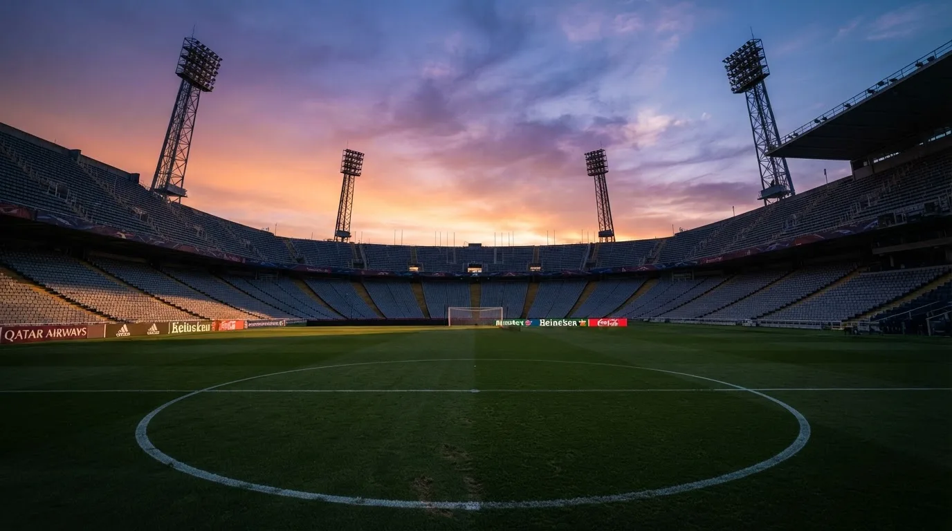Un estadio de fútbol vacío con torres de iluminación al atardecer