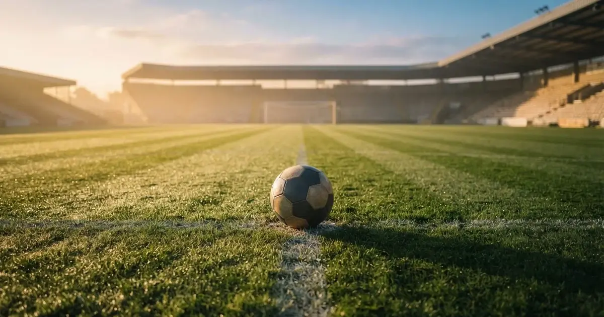 Un balón en el punto central de un campo de césped a la luz de la mañana