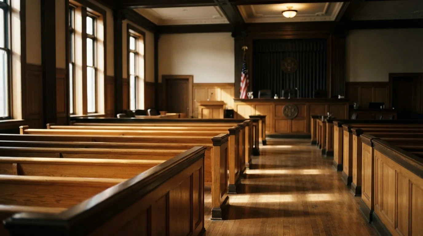 Una sala de tribunal vacía con bancos de madera a la luz de la mañana