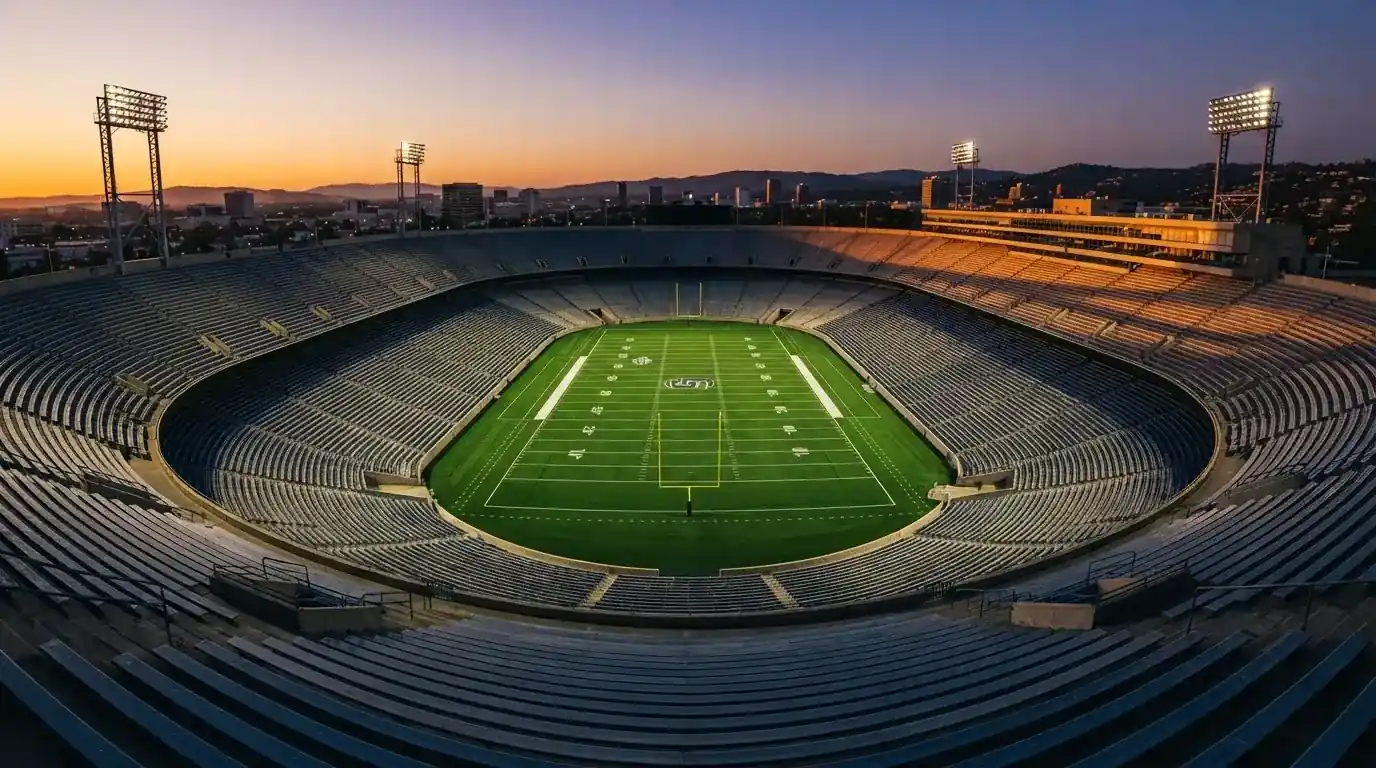 Un estadio de fútbol vacío con torres de iluminación al atardecer