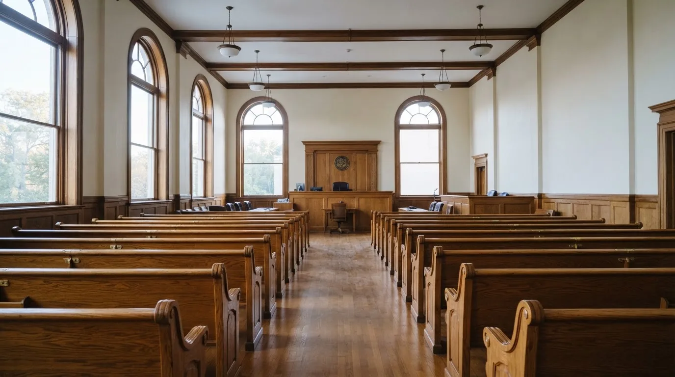 Una sala de tribunal vacía con bancos de madera a la luz de la mañana