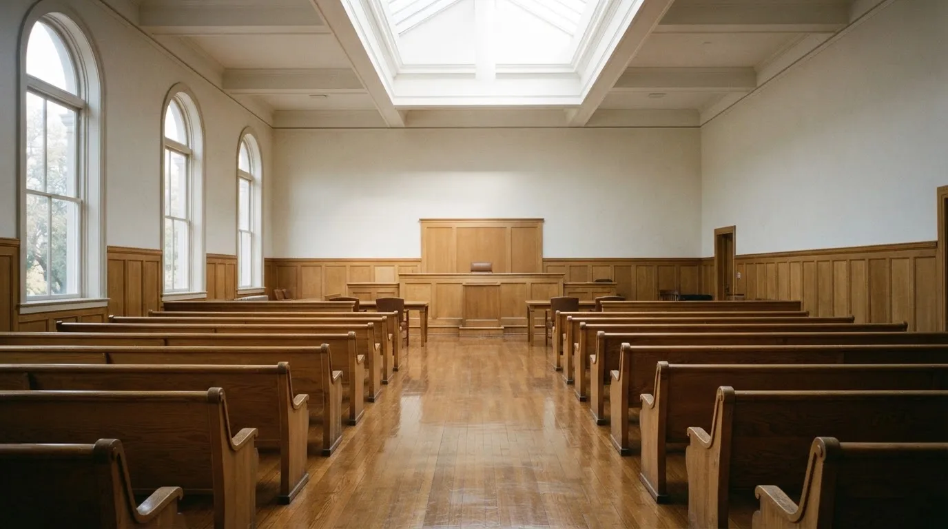Una sala de tribunal vacía con bancos de madera a la luz de la mañana