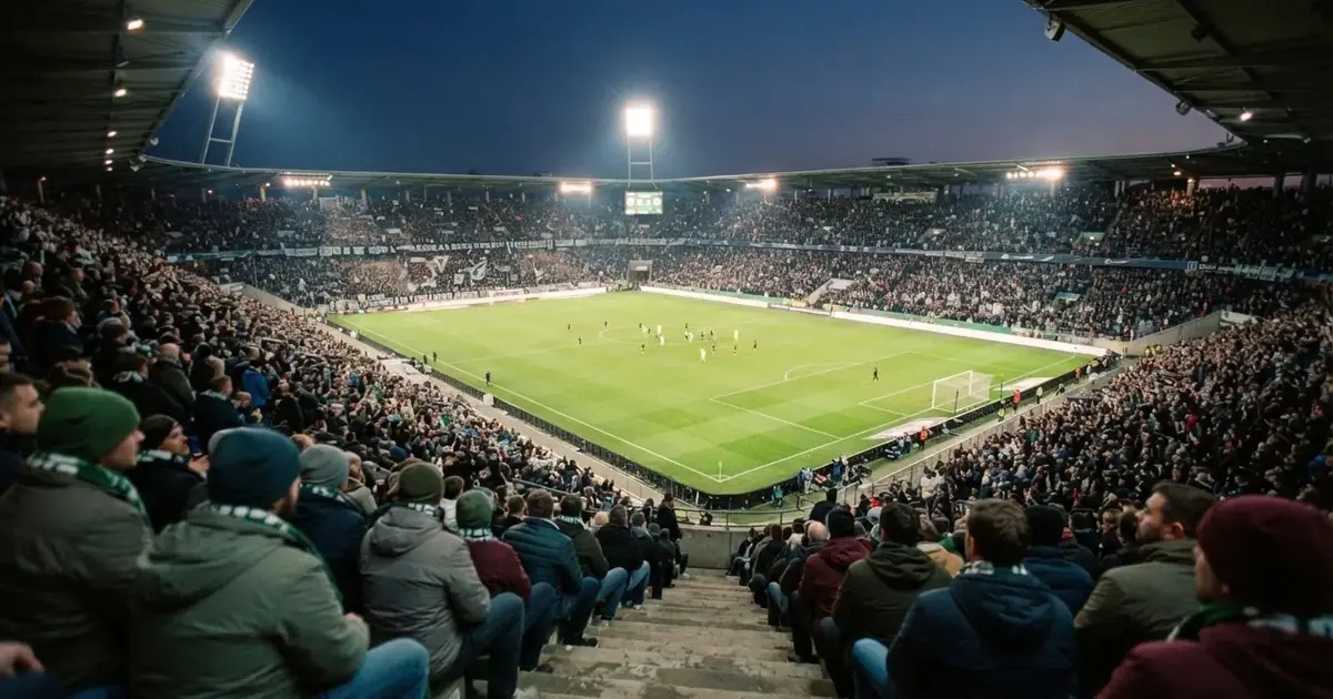 Un pabellón deportivo lleno bajo los focos, fotografiado desde muy lejos