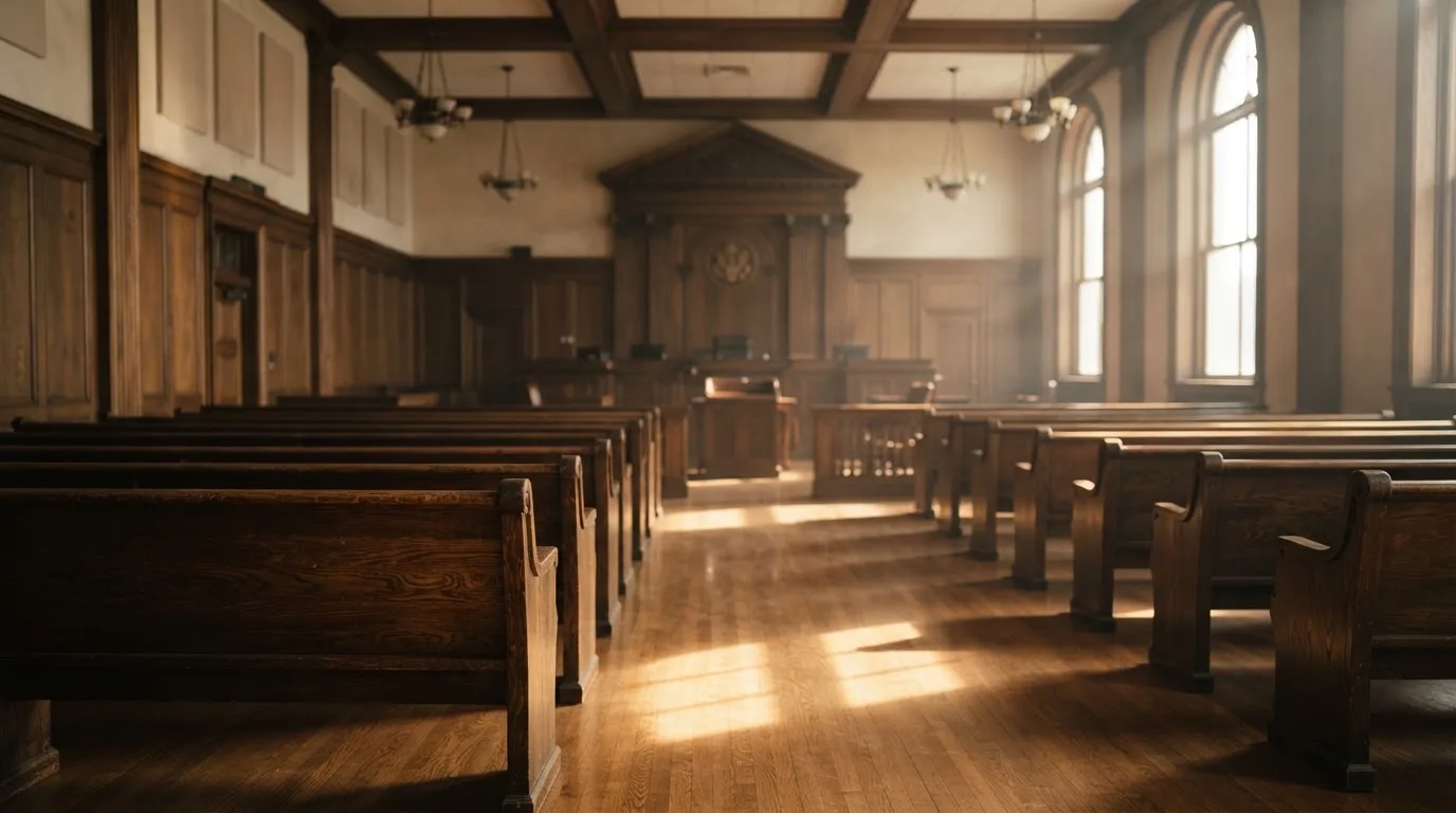 Una sala de tribunal vacía con bancos de madera a la luz de la mañana