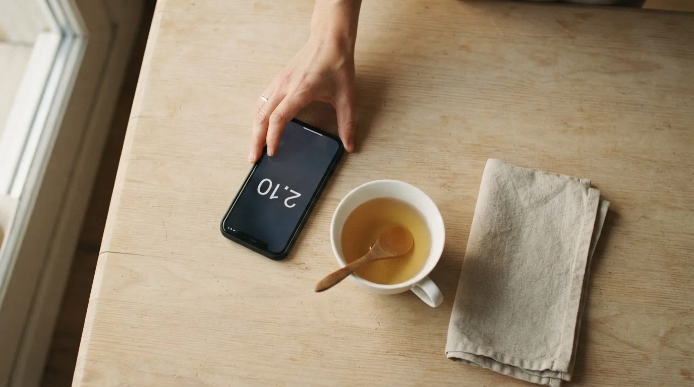 Una mano deja un móvil junto a una taza de té sobre la mesa de la cocina, una tarde tranquila