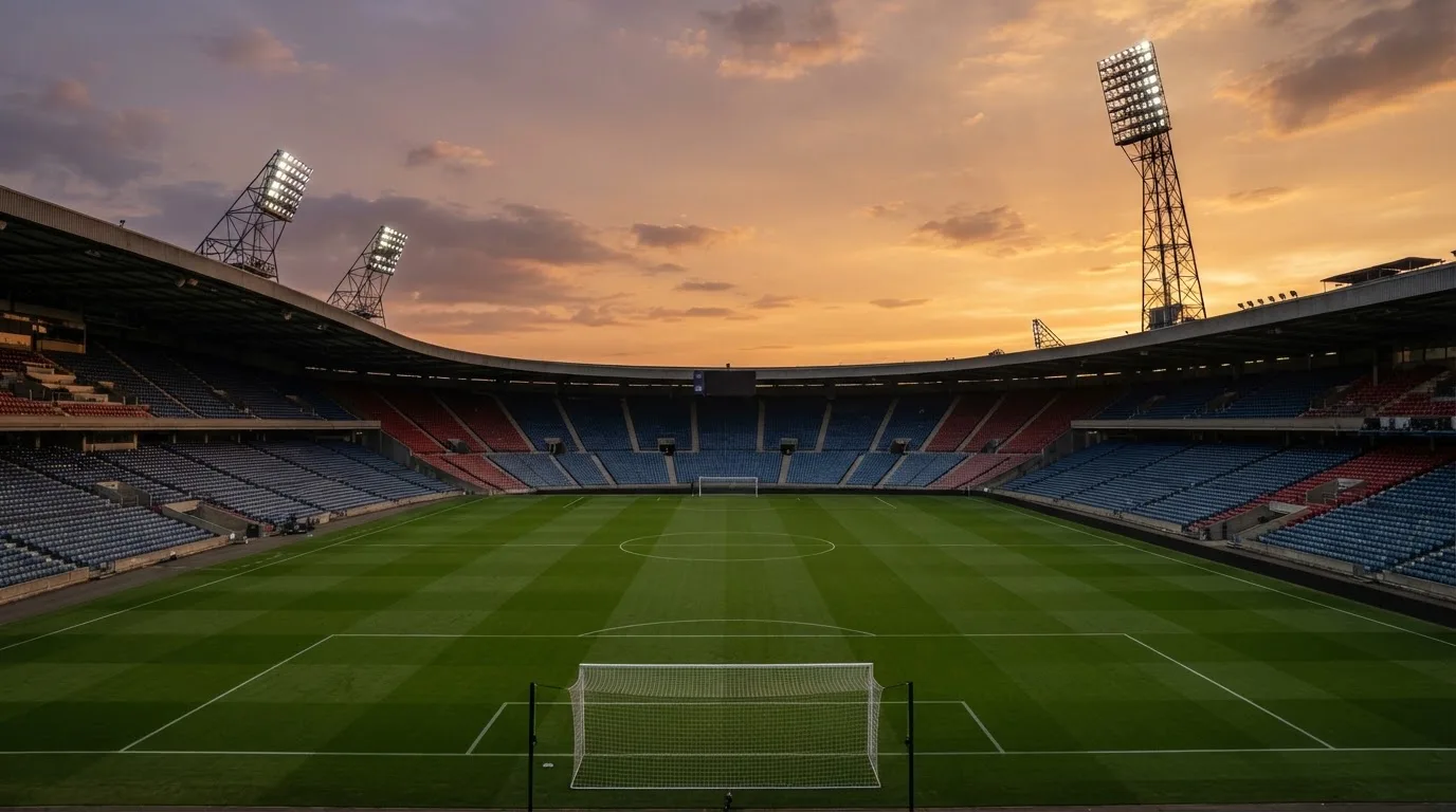 Un estadio de fútbol vacío con torres de iluminación al atardecer