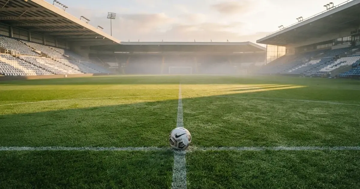 Un balón en el punto central de un campo de césped a la luz de la mañana