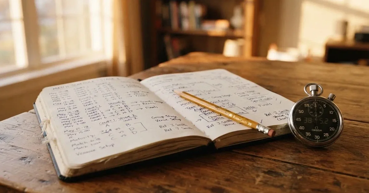 Un cuaderno abierto con un lápiz y un cronómetro sobre una mesa de madera