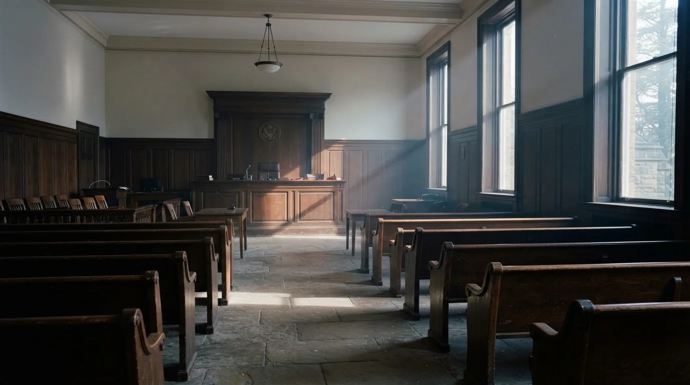 Una sala de tribunal vacía con bancos de madera a la luz de la mañana