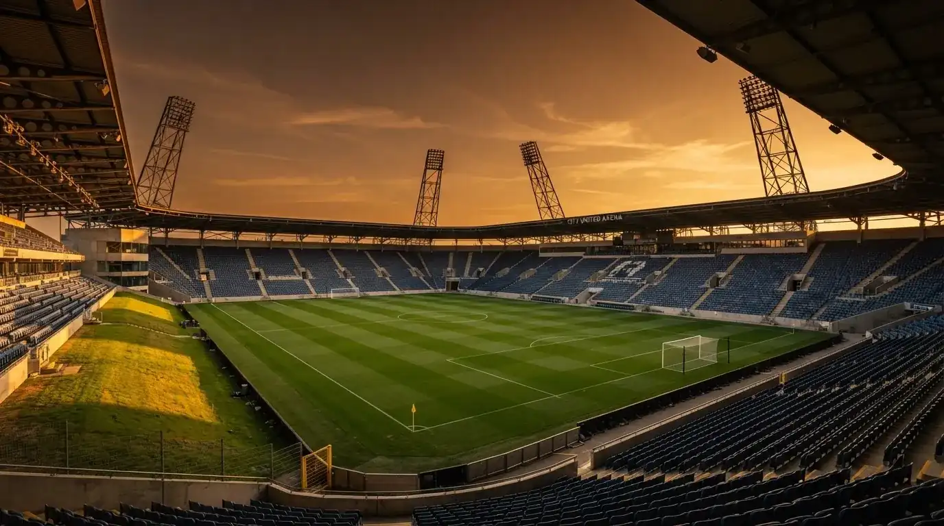 Un estadio de fútbol vacío con torres de iluminación al atardecer