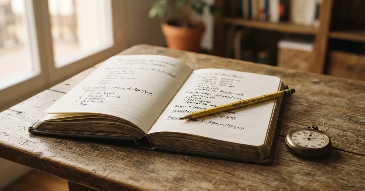 Un cuaderno abierto con un lápiz y un cronómetro sobre una mesa de madera