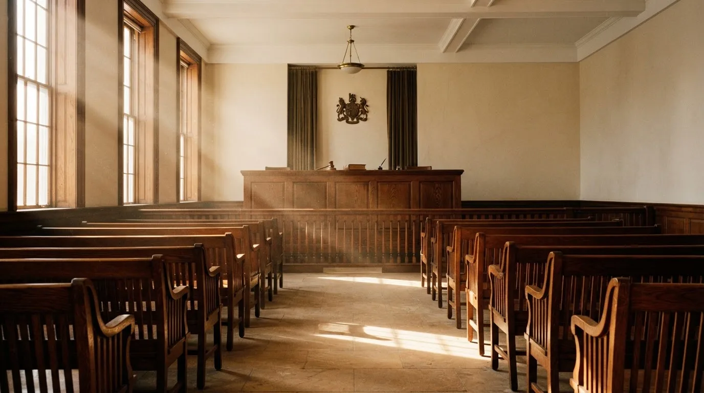 Una sala de tribunal vacía con bancos de madera a la luz de la mañana