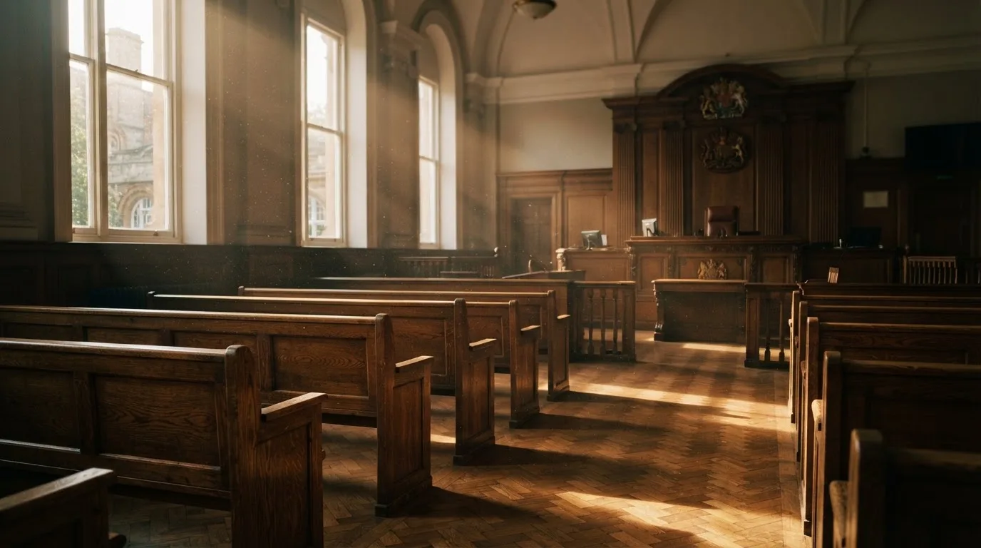 Una sala de tribunal vacía con bancos de madera a la luz de la mañana