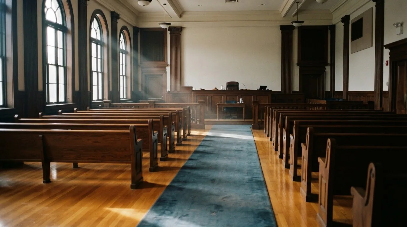Una sala de tribunal vacía con bancos de madera a la luz de la mañana