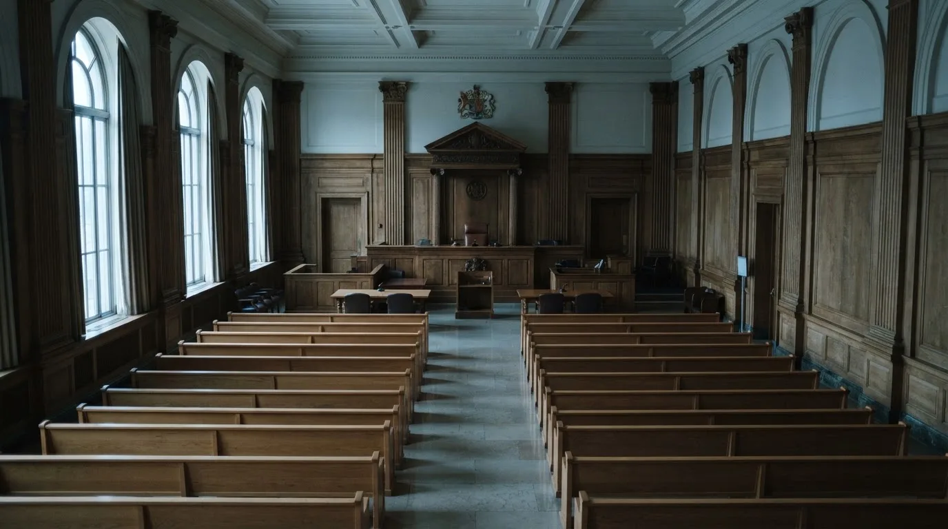 Una sala de tribunal vacía con bancos de madera a la luz de la mañana