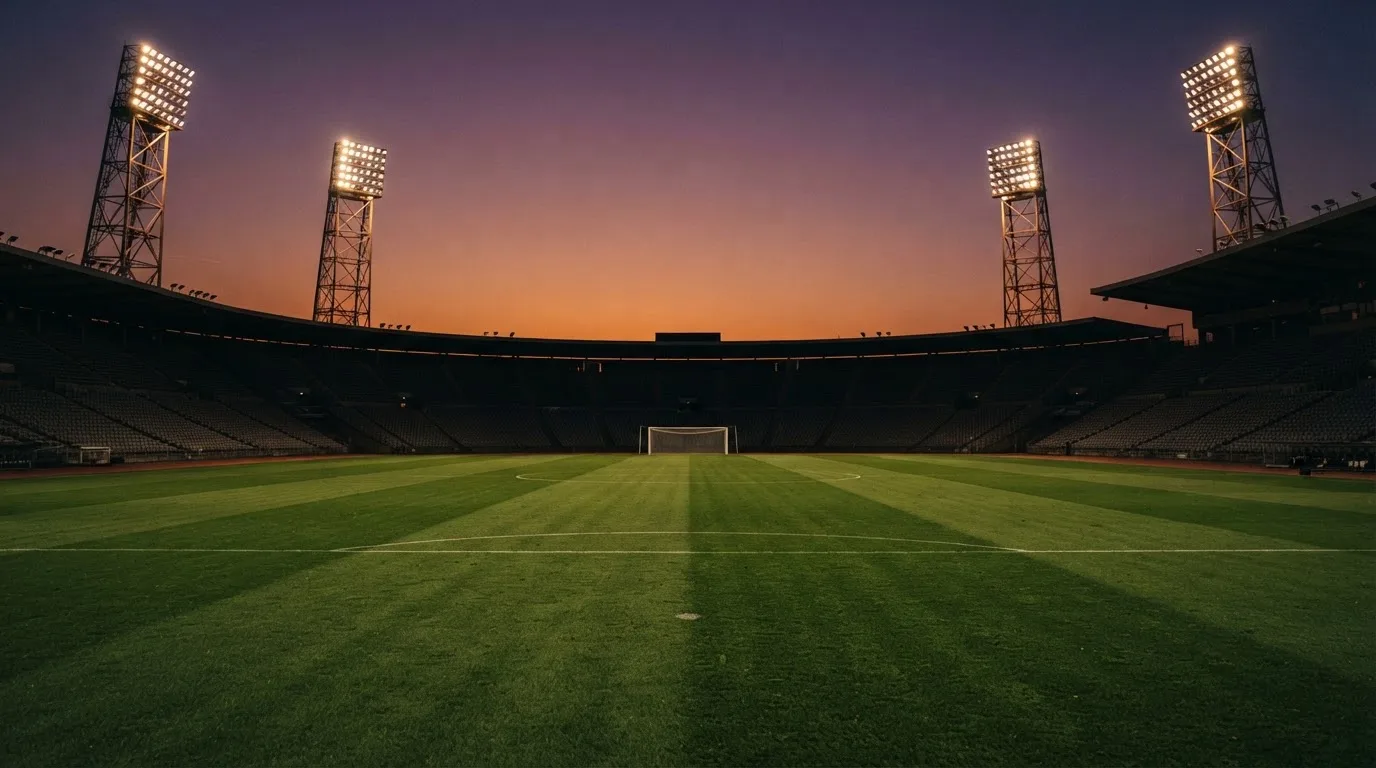 Un estadio de fútbol vacío con torres de iluminación al atardecer