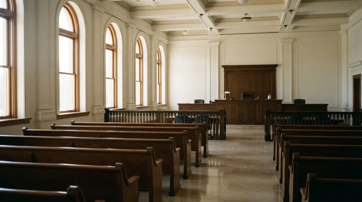 Una sala de tribunal vacía con bancos de madera a la luz de la mañana
