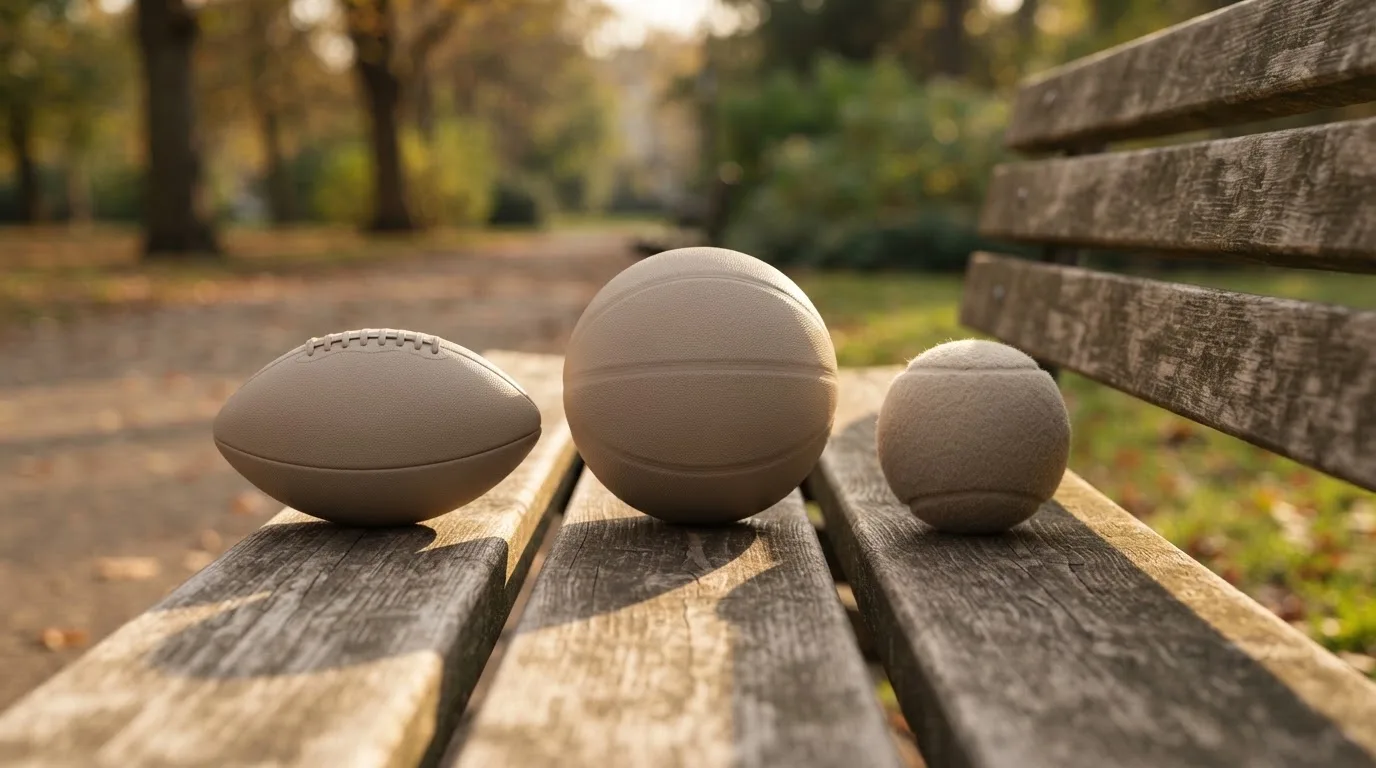 Tres balones de distintos tipos, uno junto a otro, sobre un banco de madera