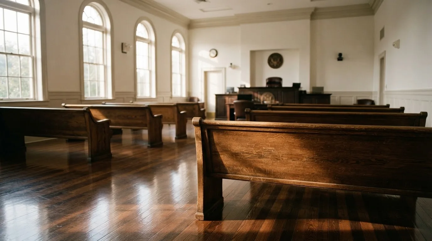Una sala de tribunal vacía con bancos de madera a la luz de la mañana